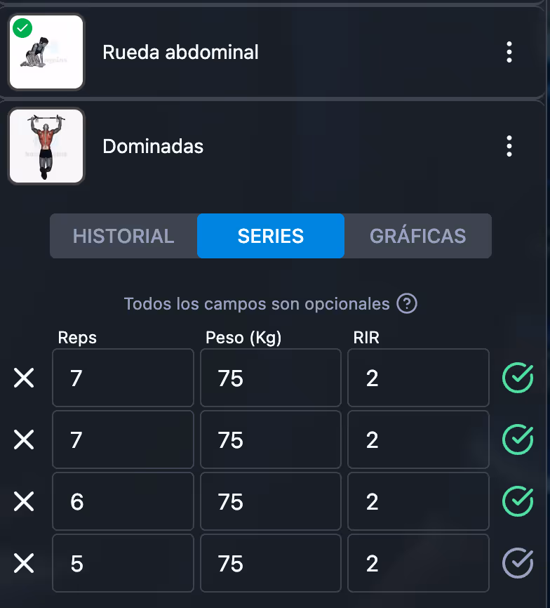 Registro de series completadas con un check verde en la App de Kaizengains