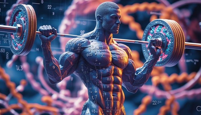 Un hombre virtual con una barra de pesas con simbología científica alrededor