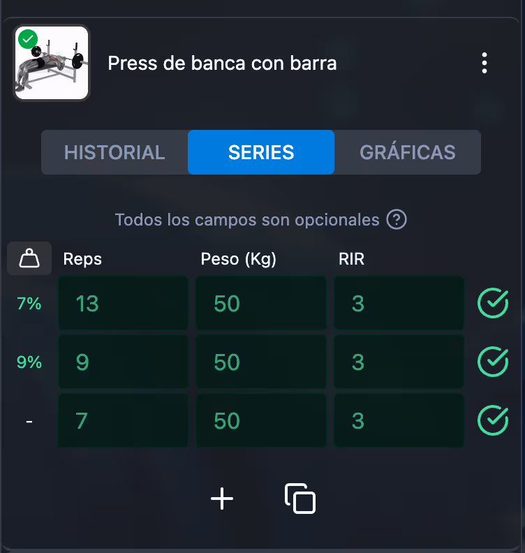 Ejercicio y sus series en la app de Kaizengains